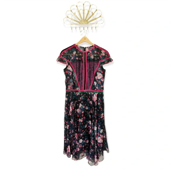 Tadashi Shoji | Dresses | Tadashi Shoji Black Pink Green Floral Lace Velvet  Cap Sleeve Midi Dress | Poshmark